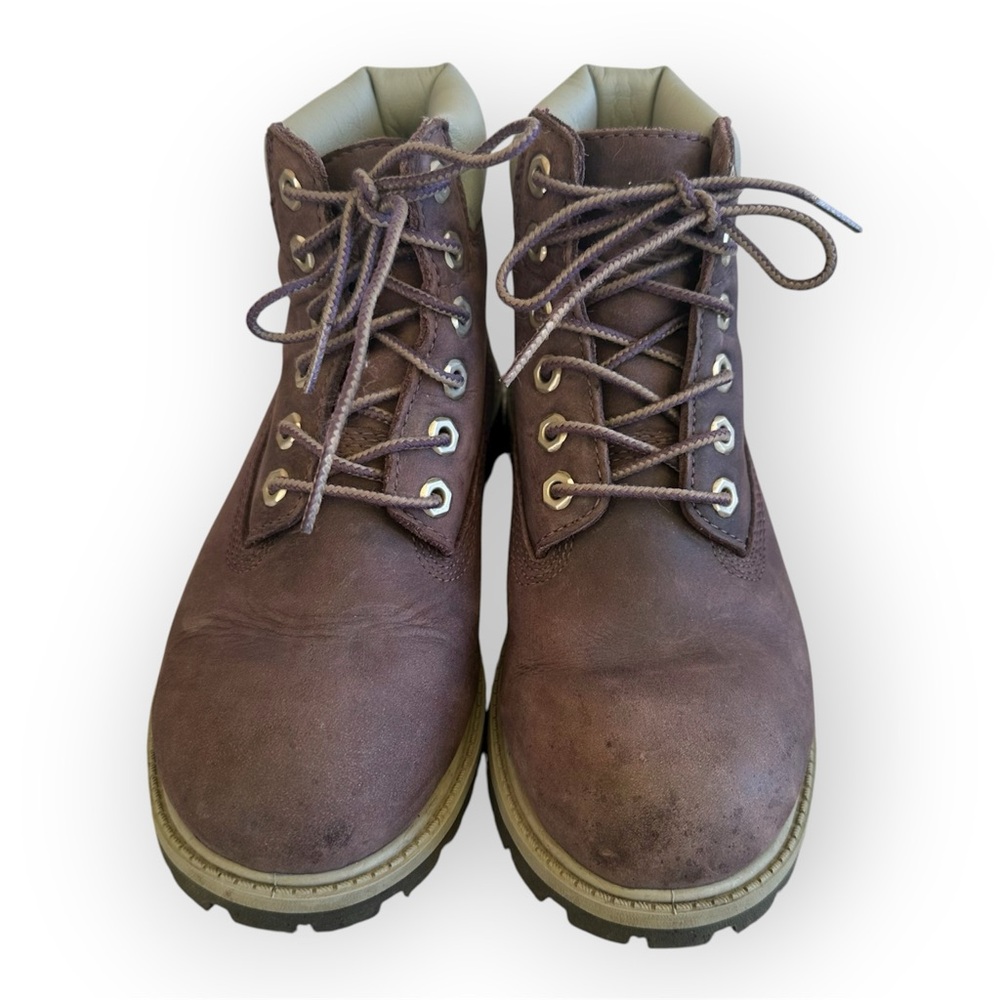 Timberland 6 Inch Premium Waterproof Boots Burgundy with Gray Collar Kids Size 1 - Picture 3 of 10